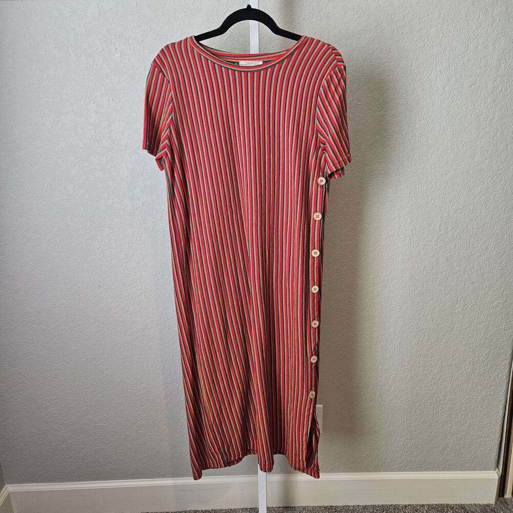 Zara Trafaluc Large Tee Dress Red Stripe Side Button Midi EUC Pride